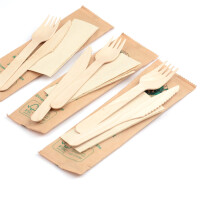 100-500 Stück Bestecksets aus Holz (Messer, Gabel, Serviette) in Papierbeutel