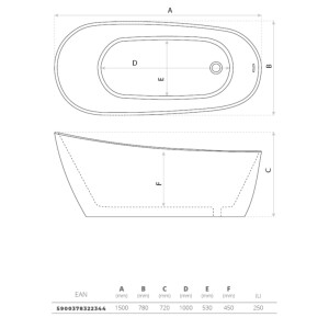 Badewanne COMODO 1500, freistehend, oval (1500×780×720 mm), 250 Liter, glänzend, weiß