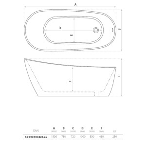 Freistehende Badewanne COMODO 1500, oval (1500×780×720 mm), 250 Liter, glänzend, weiß