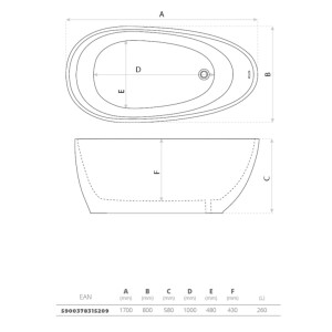 Badewanne LACRIMA 1700, freistehend, oval (1700×800×580 mm), oval, 260 Liter, glänzend, weiß