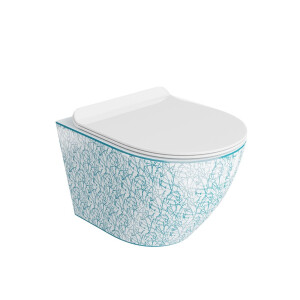 Wand-WC SOFI SLIM KRESZ mit Softclose-Sitz, ohne Spülrand, wandhängend, (365×490×395 mm), glänzend, weiß/blau