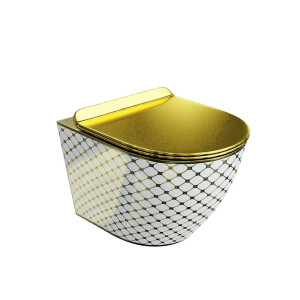 Wand-WC SOFI SLIM CHECKED GOLD mit Softclose-Sitz, ohne Spülrand, wandhängend, (365×490×395 mm), glänzend, weiß/gold