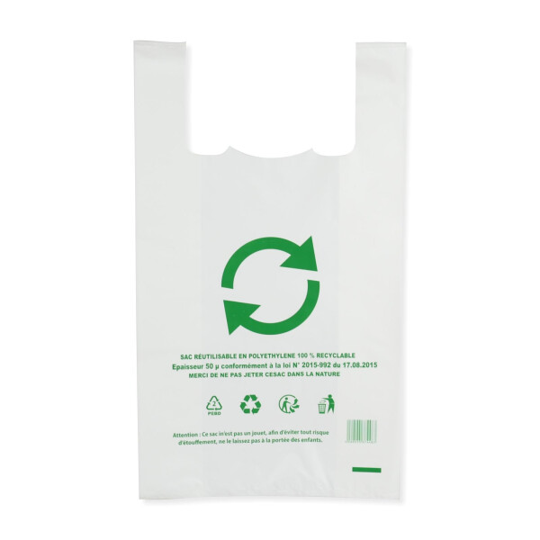 350-1050 Stück Hemdchen-Tragetaschen "100% Recyclable", 50 my (25+14×45 cm), geblockt, weiß