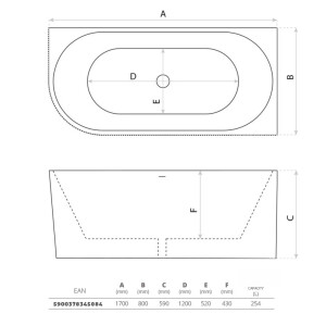 Eck-Badewanne OKLAHOMA 1700 L, Einbau links, ovale Innenform (1700×800×590 mm), 254 Liter, glänzend, weiß